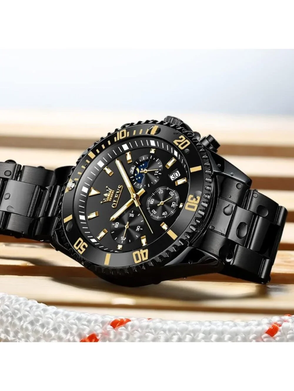 Men's All Black Premium Solid Stainless Analog Rotatable Bezel Round Steel Watch